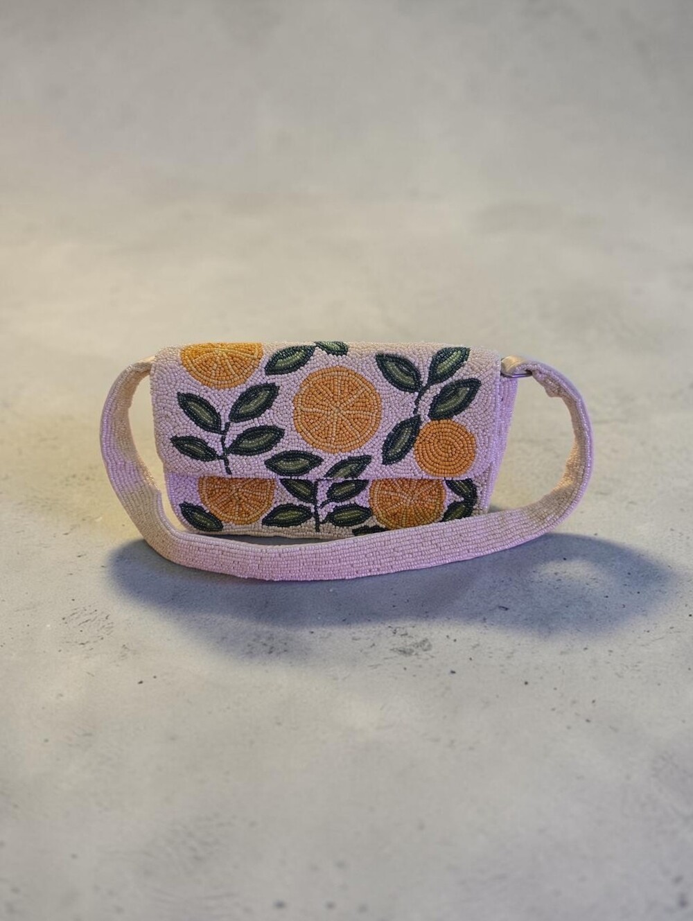 Handmade Nwot Beaded Pink Crossbody Bag with Orange & Green Citrus Embroidery
